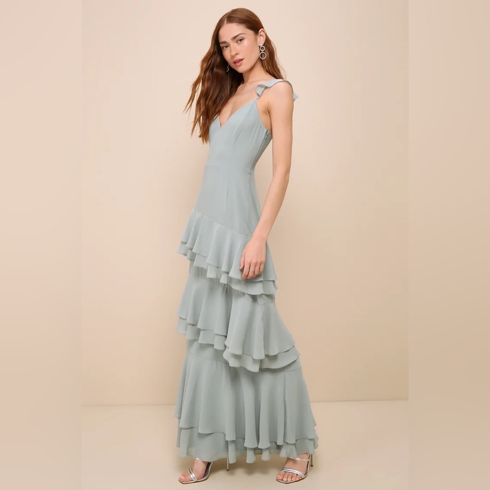 Lulu's Chiffon Ruffled Maxi Dress in Sage Green